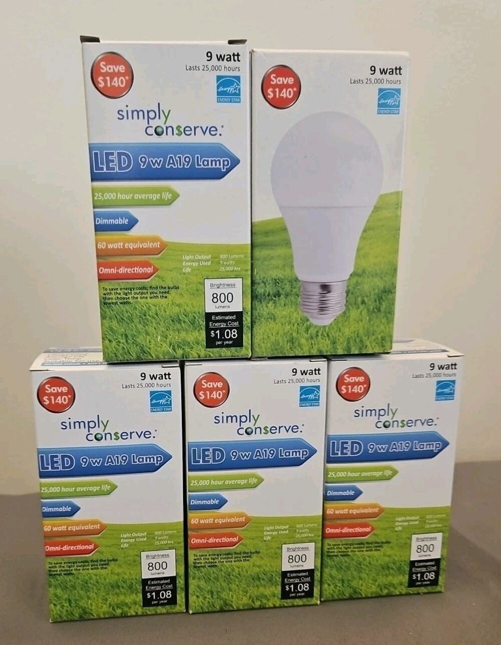 Simply Conserve Light Bulb 9W A19 LED Dimmable New In Box (Set of 5)